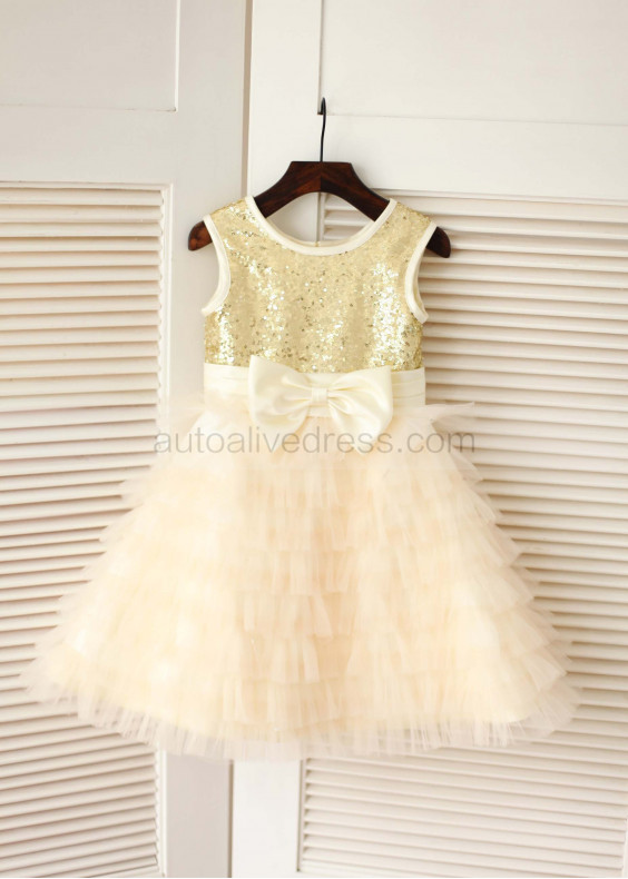 Gold Sequin Champagne Ruffled Tulle Cute Flower Girl Dress